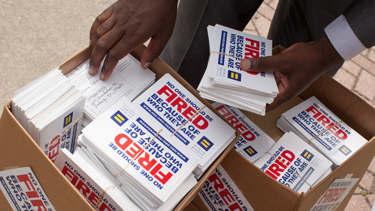  The Human Rights Campaign still supports the Employment Non-Discrimination Act, which would provide workplace protections to the LGBT community. But many LGBT-rights organizations have withdrawn support in the wake of the Hobby Lobby decision. (Jason E. Miczek/AP Images for Human Rights Campaign, file) 