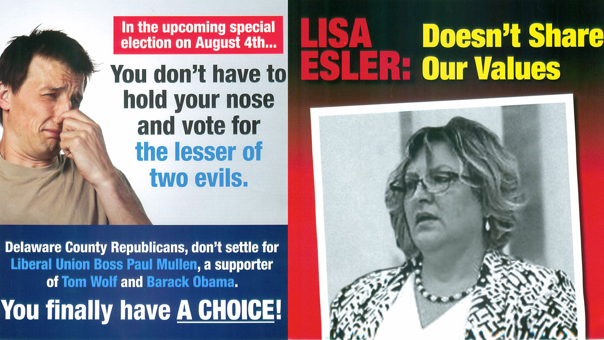  Political mail pieces attacking GOP candidate Paul Mullen (left) by the 'Citizens Alliance of Pennsylvania PAC,' and against Lisa Esler (right) from the state Republican party)  