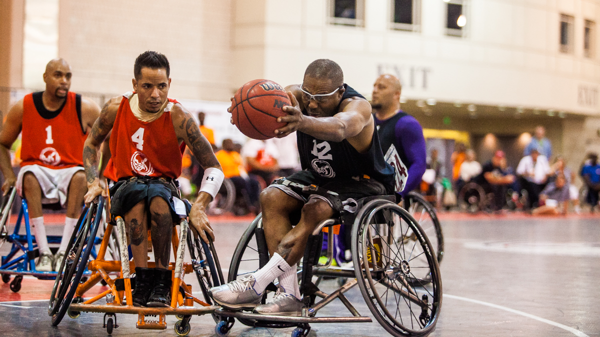 Eugene Tatom Sr. plays in the championship game of the National Veterans Wheelchair Games in Philadelphia. (Brad Larrison/for NewsWorks)