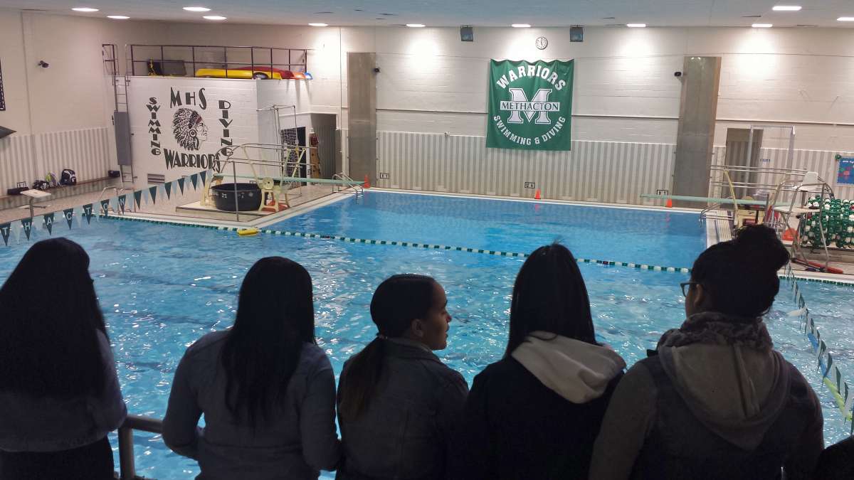 High school exchange: Kensington Health Sciences high school students tour the athletic facilities at Methacton High School.