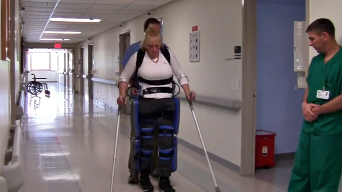  Jean Altomari learns to walk using the ReWalk at Moss Rehabilitation. (NewsWorks file photo) 