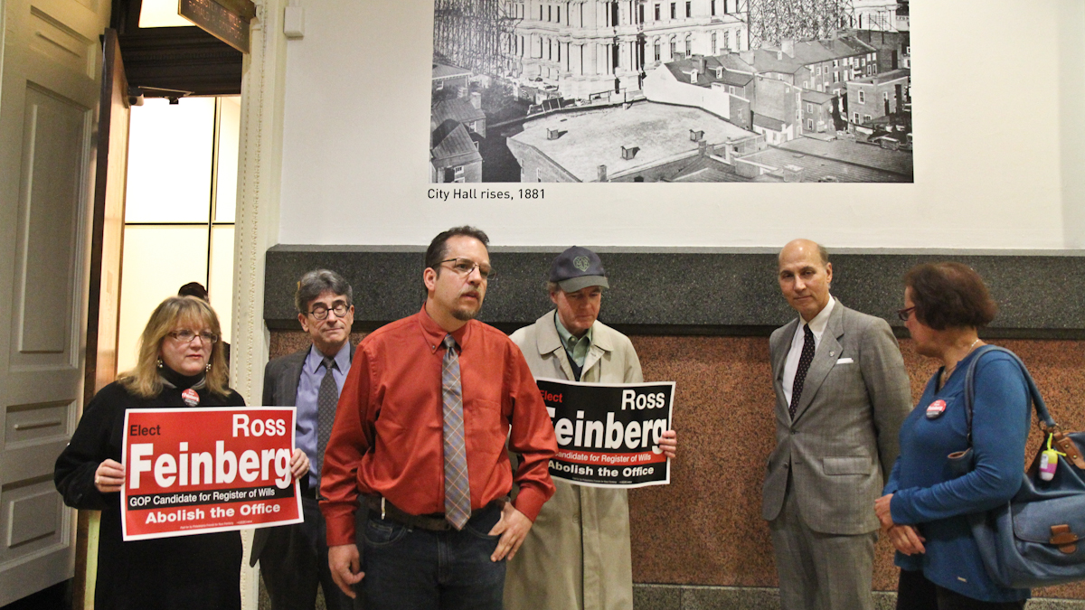  Ross Feinberg, GOP candidate for Register of Wills, and supporters gather outside the office Wednesday at City Hall. (Kimberly Paynter/WHYY) 