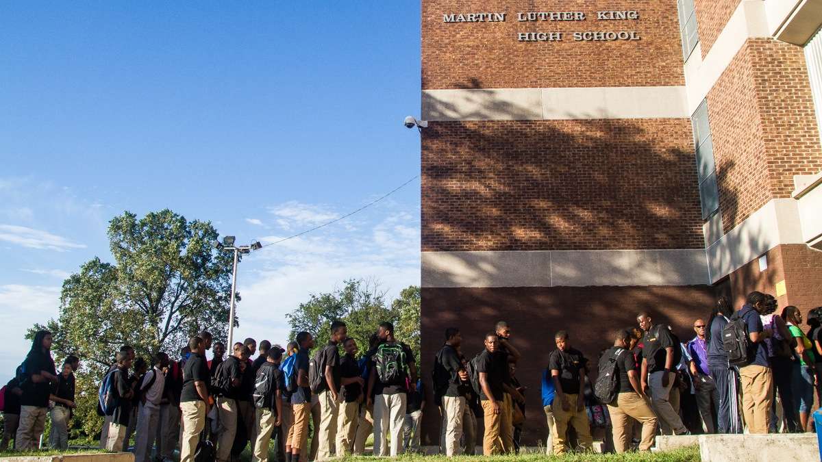  Students file into Martin Luther King High School in West Oak Lane on the first day of school in Sept. (Brad Larrison/for NewsWorks, file) 