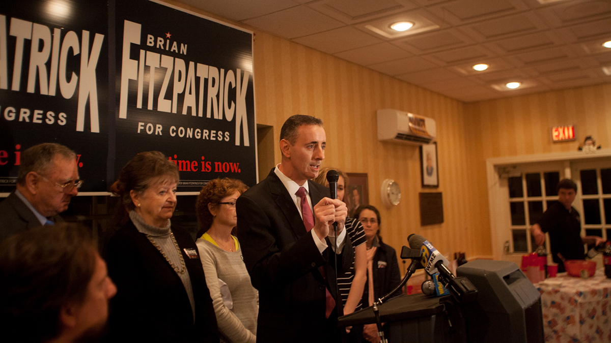 Republican candidate for the 8th District Congressional seat speaks to supporters at the Bucks County GOP Headquarters in Doylestown after declaring victory in Tuesday's primary. (Brad Larrison for NewsWorks)