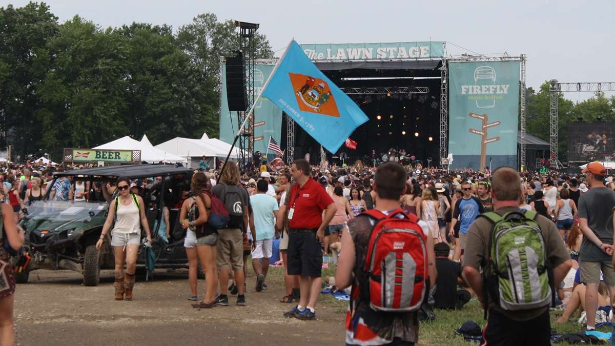  A Delaware flag is carried through the crowd last Friday afternoon at Firefly Festival. (Mark Eichmann/WHYY) 