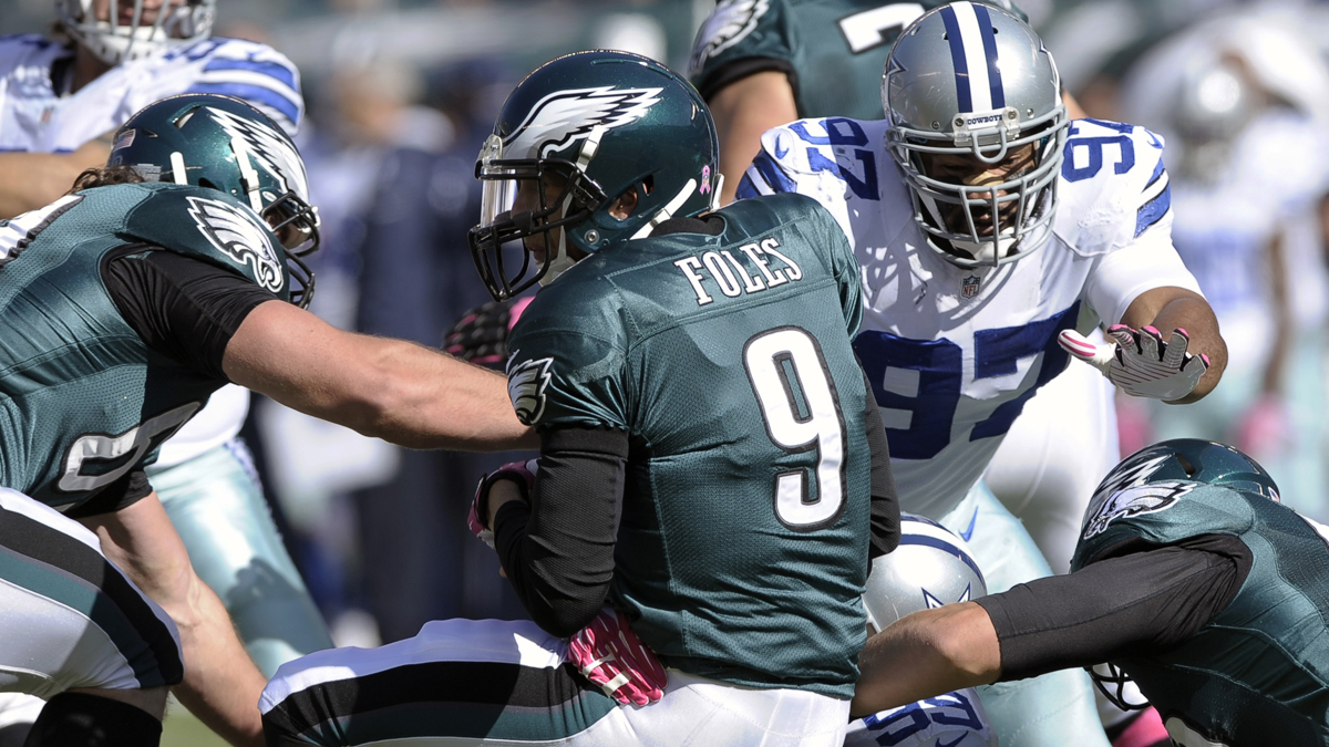 The Eagles hope to avenge the 17-3 lost to the Cowboys in October. Here, QB Nick Foles gets sacked. He left the game with a concussion. (AP Photo/Michael Perez, File) 