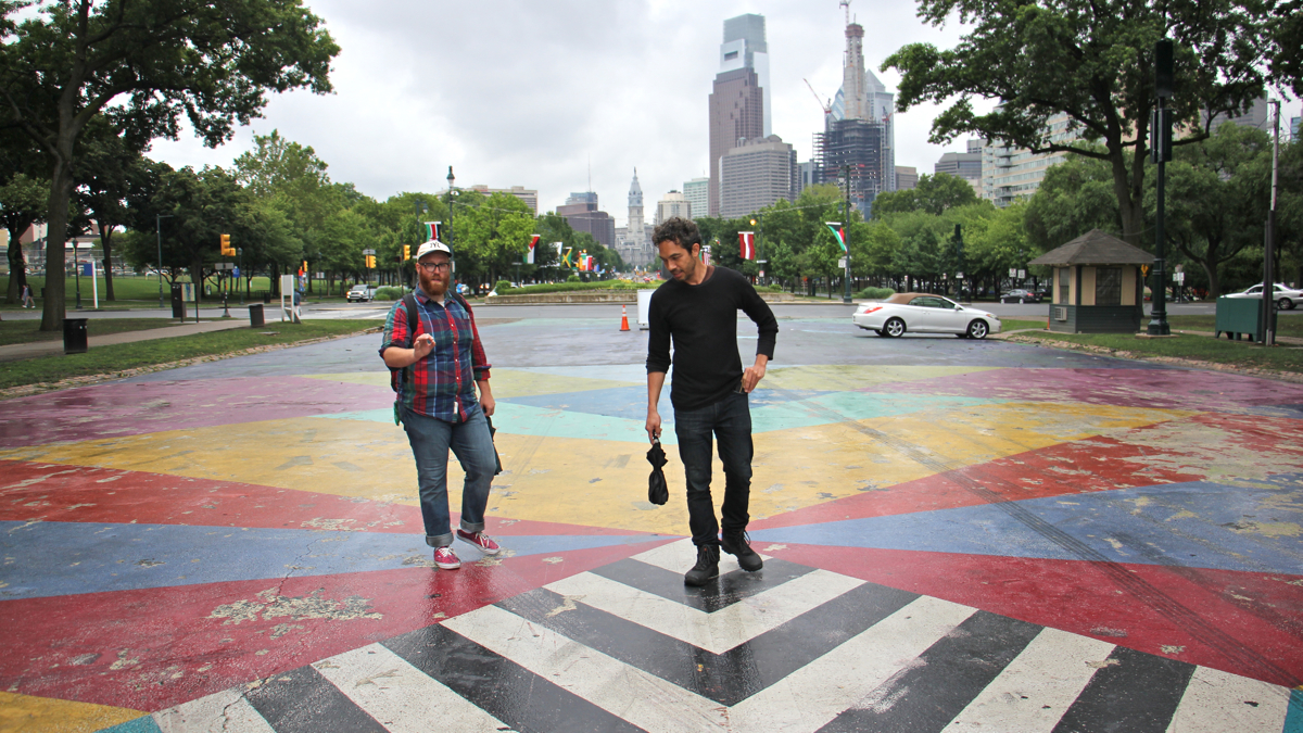 Artist Mike Durkin (left) and his audience