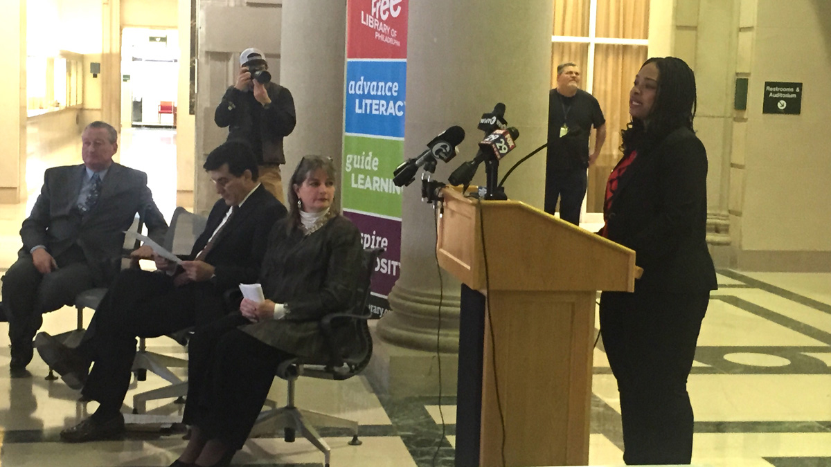 Speaking at the podium is President and CEO of Philadelphia Youth Network Chekemma Fulmore-Townsend. Seated