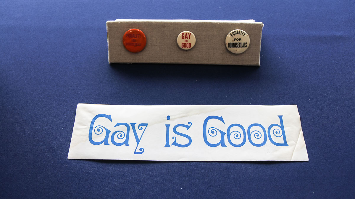 Stickers and buttons are part of a National Constitution Center exhibit Speaking Out for Equality: The Constitution, Gay Rights and the Supreme Court, opening in early June. (Kimberly Paynter/WHYY)