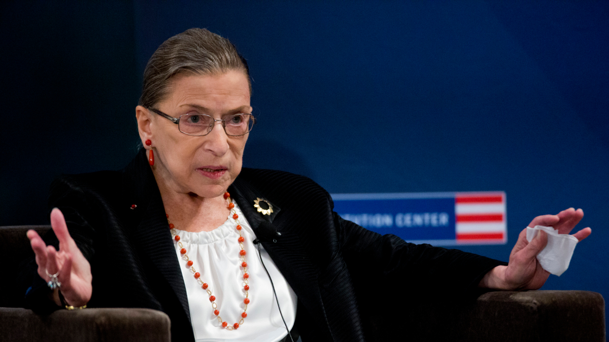  U.S. Supreme Court Justice Ruth Bader Ginsburg speaks with National Constitution Center president and CEO Jeffrey Rosen at the museum Friday, Sept. 6, 2013, in Philadelphia. (AP Photo/Matt Rourke) 