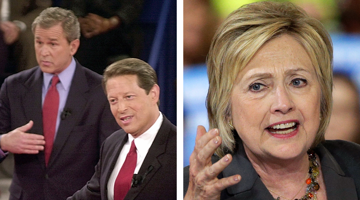 Left: Democratic presidential candidate Vice President Al Gore is shown debating Republican presidential candidate Texas Gov. George W. Bush (in background) on Oct. 17