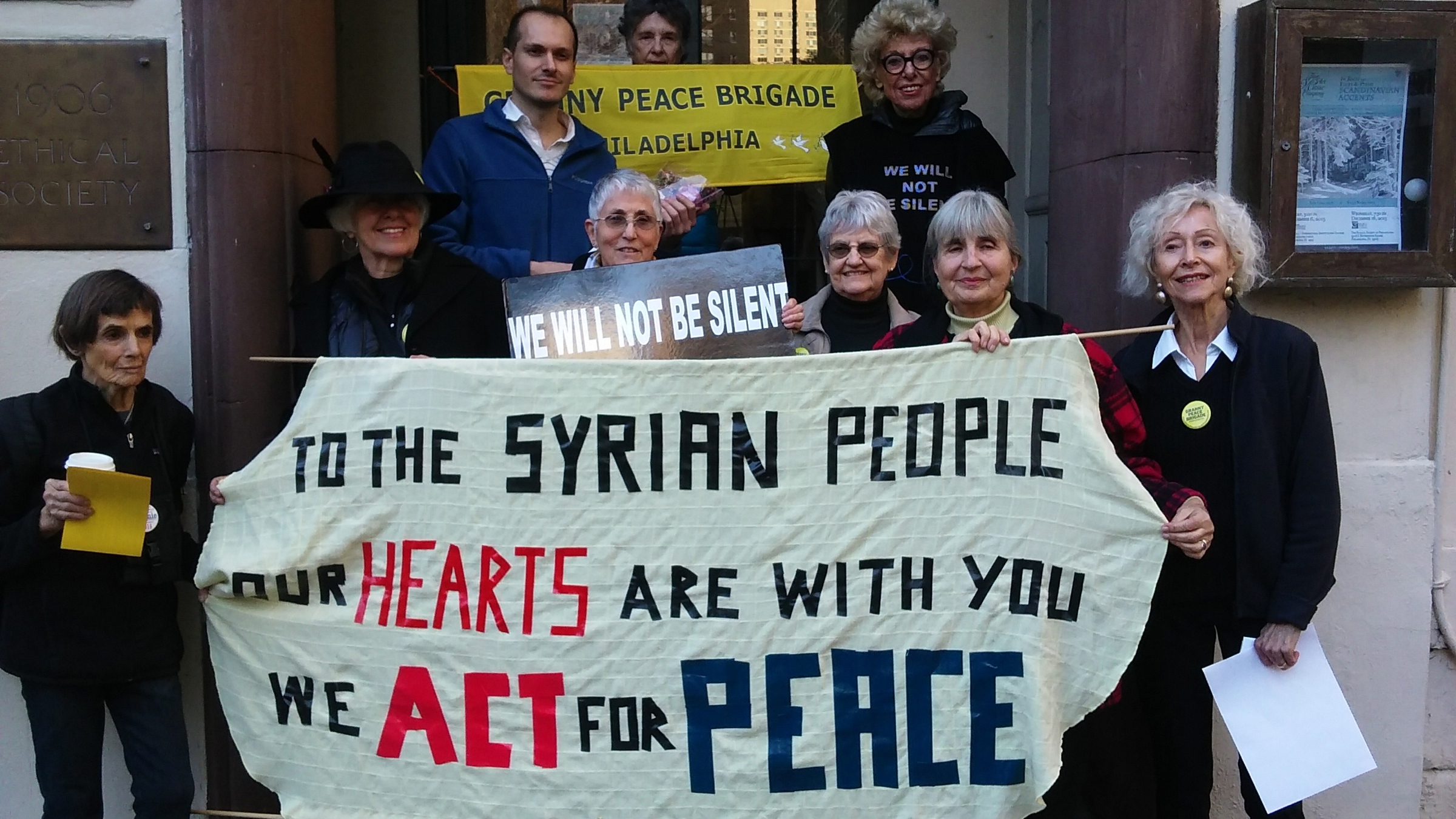  Members of the Granny Peace Brigade reach out to Syria. (Harvey Finkle/courtesy of the Granny Peace Brigade) 