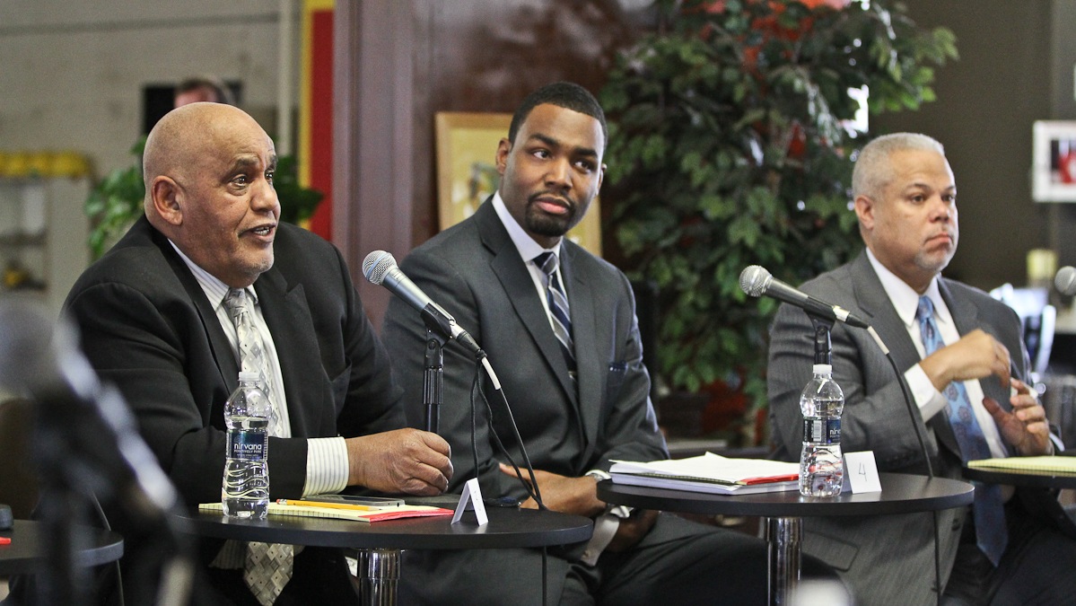 Democratic candidates for mayor meet at the first forum Thursday morning at the Philadelphia Business and Technology Center in Parkside. (Kimberly Paynter/WHYY)
