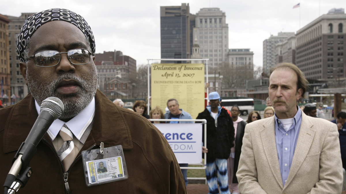  Harold Wilson, left, is shown at a 2007 rally against the death penalty on Independence Mall in Philadelphia. Wilson was acquitted of a triple murder after a 2005 retrial. Ray Krone, right, cleared of murder through DNA evidence after spending 10 years in prison, looks on. (AP Photo/Matt Rourke, file) 