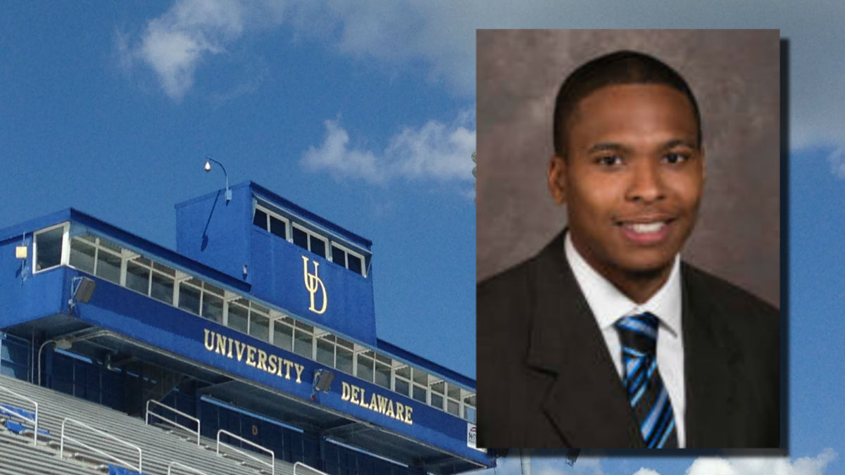  Jerel Harrison faces assault charges after allegedly hitting a teammate with a helmet. (Mark Eichmann/WHYY, inset photo courtesy UD) 