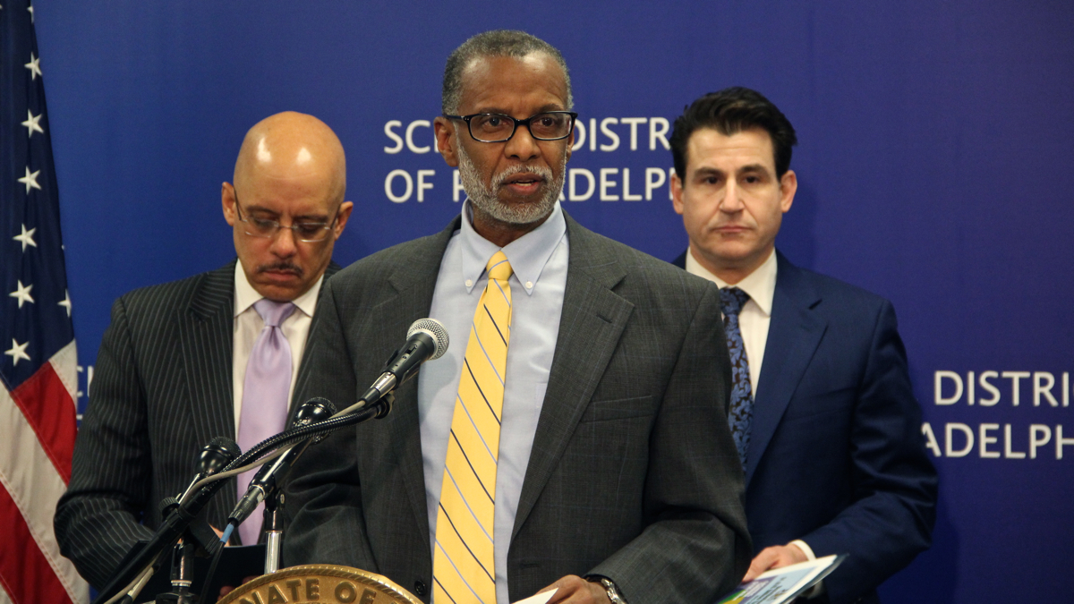  (From left), Pa. Sens. Vincent Hughes, Art Haywood and Larry Farnese announce legislation that would tax Marcellus Shale extraction at 8 percent, with the bulk of proceeds going to schools. (Emma Lee/WHYY) 