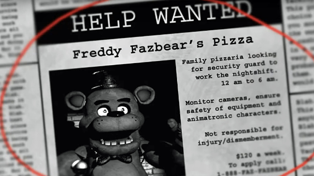 Screenshot of the start of the Five Nights at Freddy's horror video game.