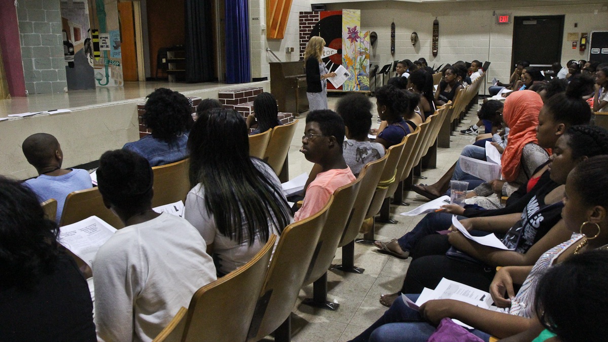 9th and 10th graders are given orientation at the elementary school building on Crittenden Street, a mile away from their new high school building. (Kimberly Paynter/WHYY)