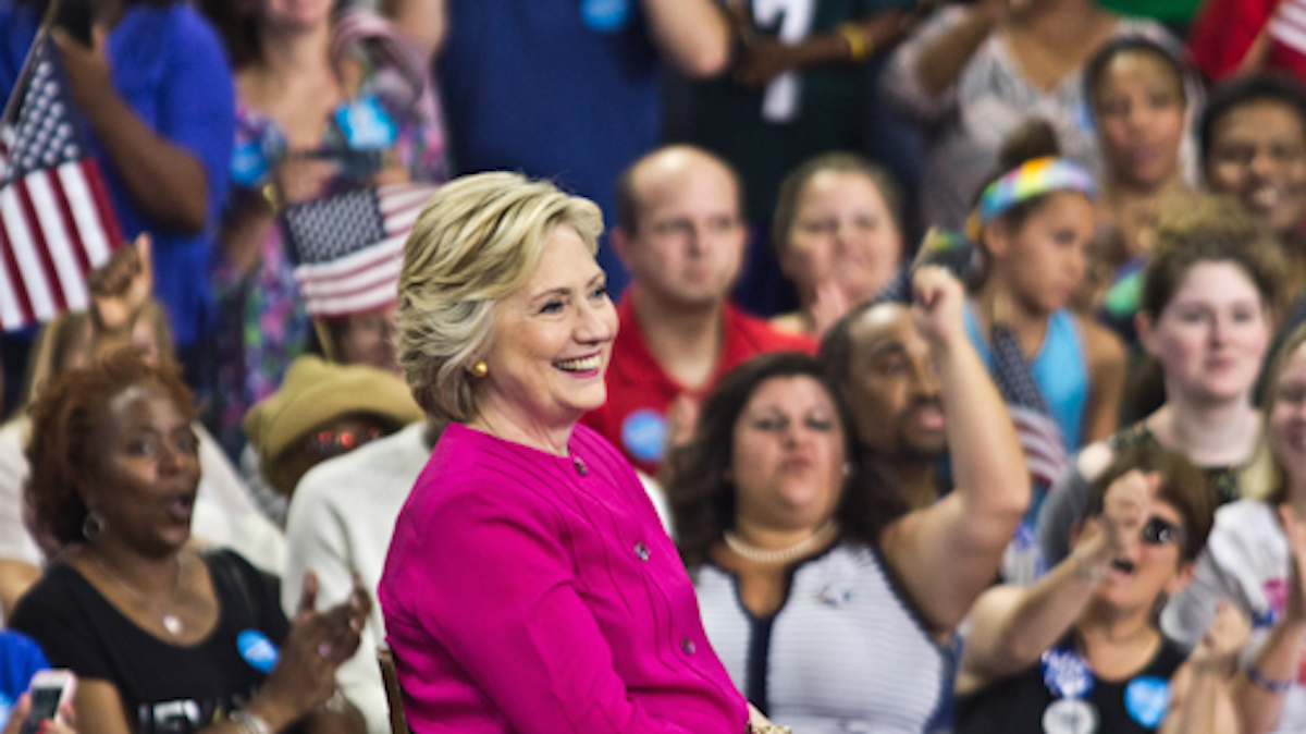 Democratic Presidential nominee Hillary Clinton kicks off a bus tour campaign through Pennsylvania and Ohio at Temple University Friday. (Kimberly Paynter/WHYY)