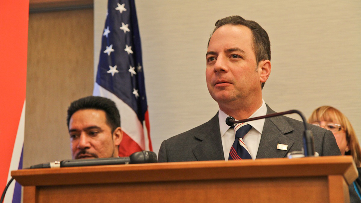  Republican National Committee Chairman Reince Priebus held a press conference at the NCC Friday afternoon to introduce the political party's Pennsylvania State Hispanic Advisory Council. (Kimberly Paynter/WHYY) 