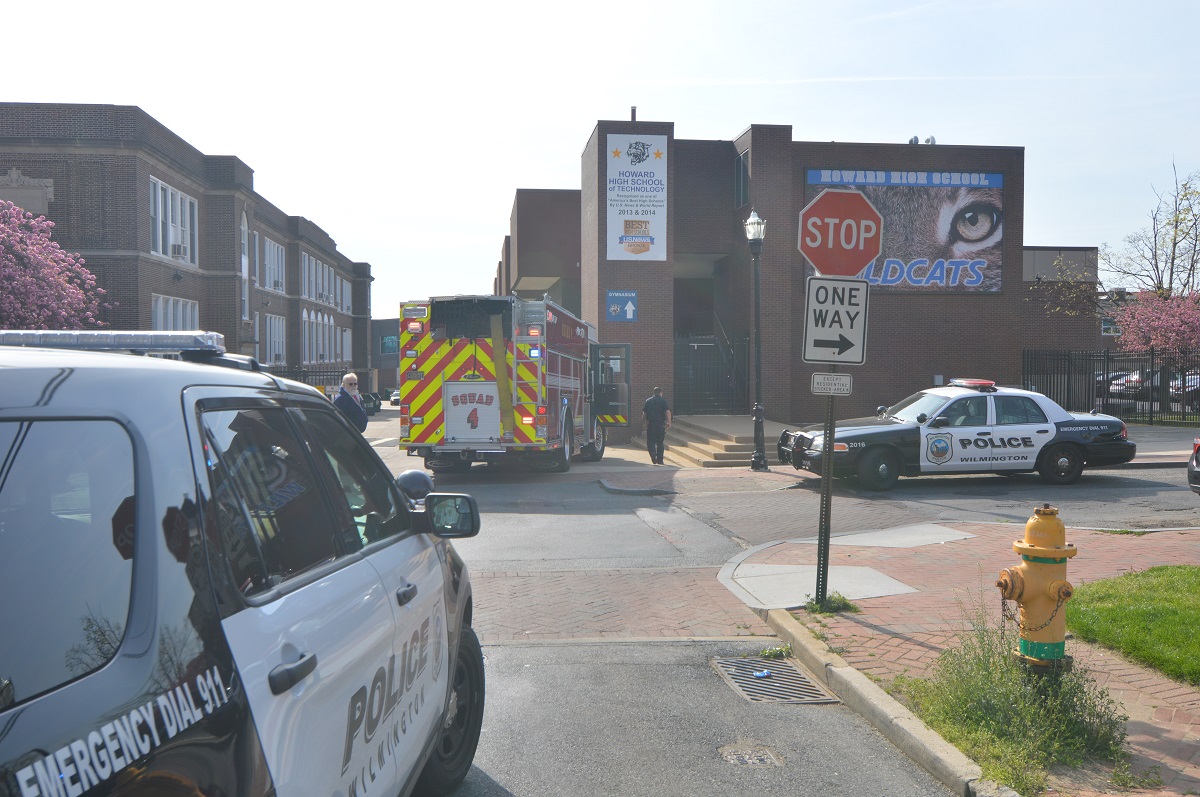 Emergency vehicles at Howard High School of Technology in Wilmington. (John Jankowski for Newsworks)