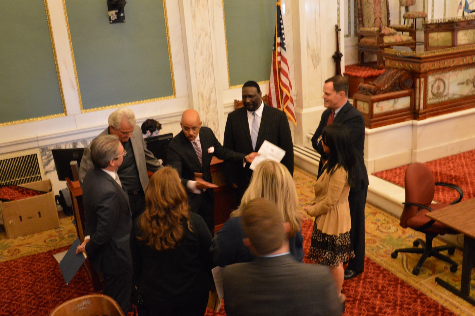Politicians gather before meeting with media. (Tom MacDonald/WHYY)