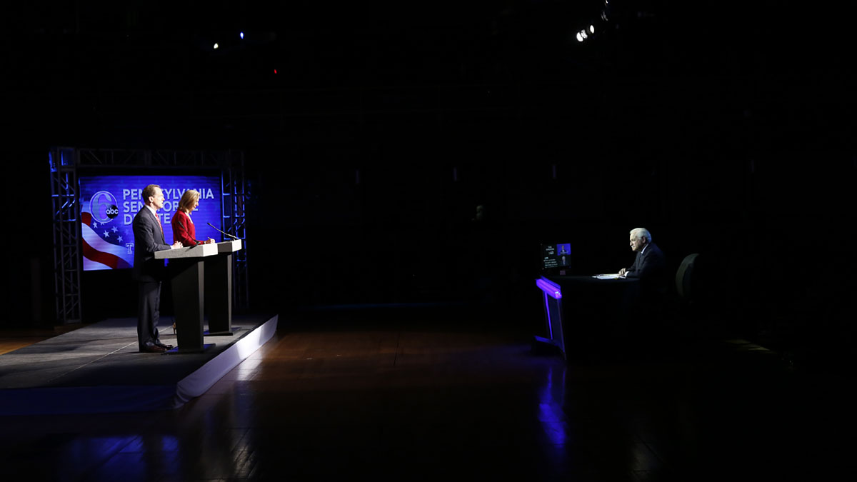  Pennsylvania U.S. Senate candidates Republican Sen. Pat Toomey, left, and Democrat Katie McGinty take part in a debate moderated by Action News anchor Jim Gardner, right, at Temple University in Philadelphia, Monday, Oct. 24, 2016. (AP Photo/Matt Rourke) 