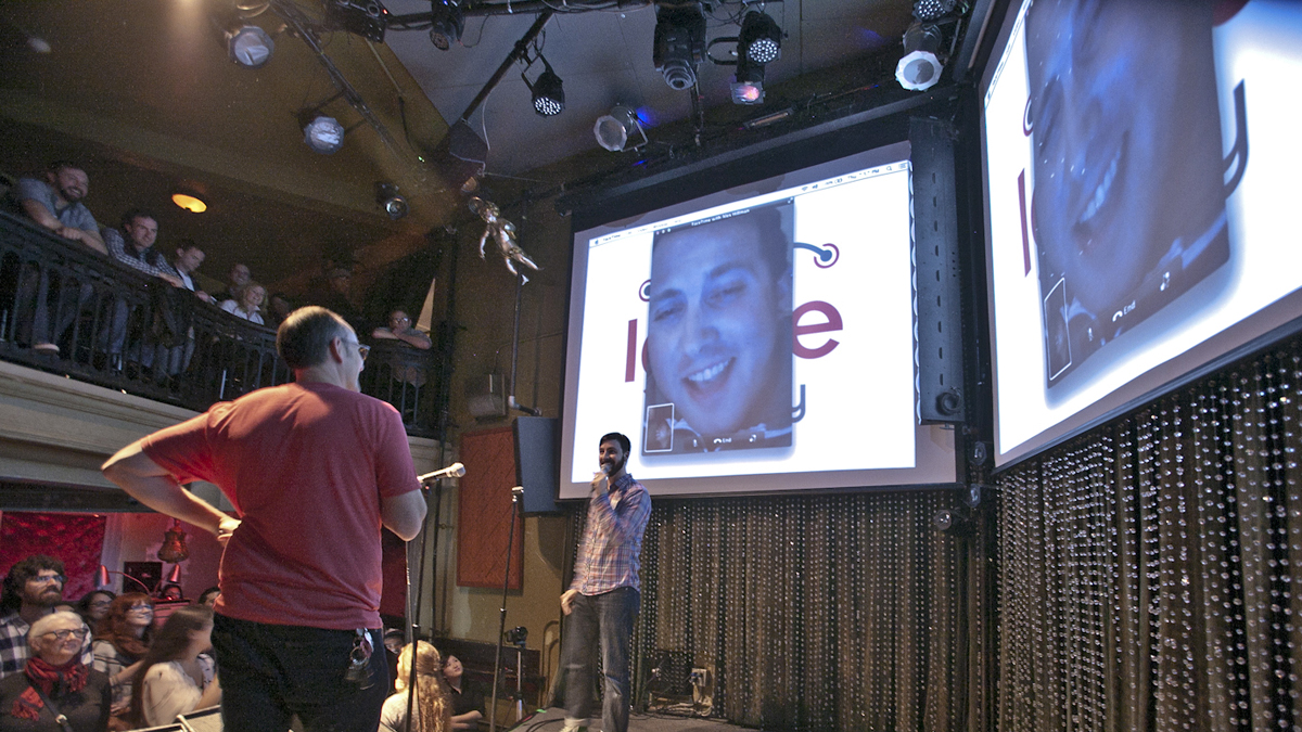  Geoff DiMasi (left) and David Clayton speak to the crowd during  Ignite Philly at Johnny Brenda's. (Image courtesy of Kevin Monko) 