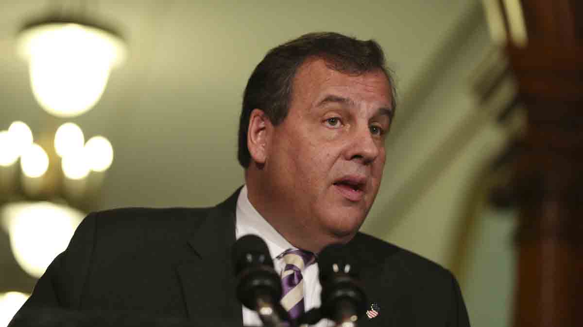 New Jersey Gov. Chris Christie stands in the Statehouse rotunda for today's announcement (AP Photo/Mel Evans)
