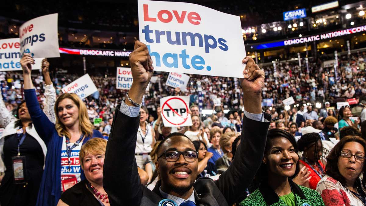 Malcolm Kenyatta, who won the Democratic nod for the 181st district in the Pa. Legislature, cheers during the first night of the Democratic National Convention in Philadelphia in 2016. (Kimberly Paynter/WHYY)

