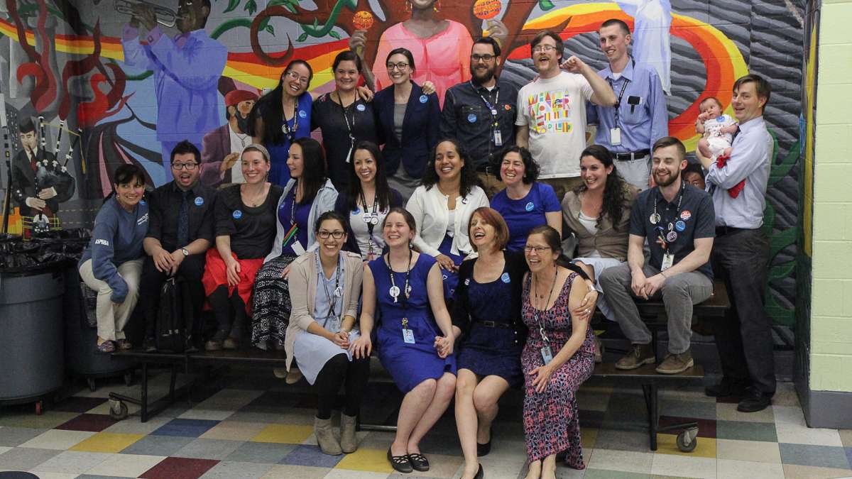  Olney Charter High School teachers celebrate their vote to unionize in late April. Developments at the school since then have changed the mood dramatically.(Kimberly Paynter/WHYY) 