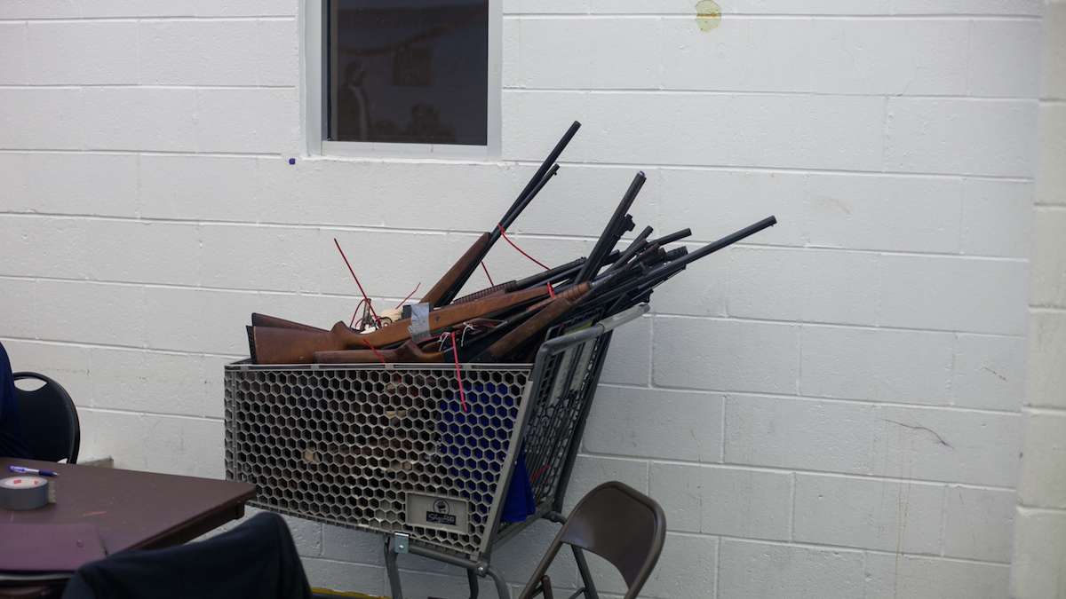 Over 90 guns were collected at a gun buyback event in West Oak Lane according to Inspector Anthony Williams of the Philadelphia Police Department. (Brad Larrison for NewsWorks)

