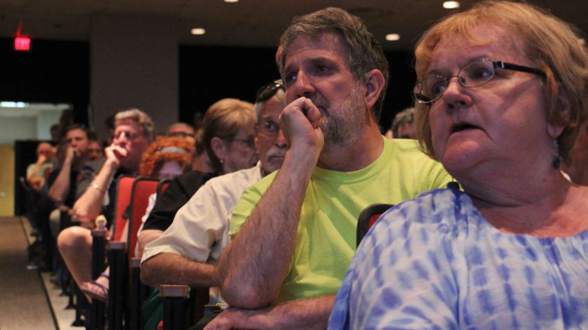 Residents listen to a panel of experts speaking about water contamination around two former military bases. (Emma Lee/WHYY)