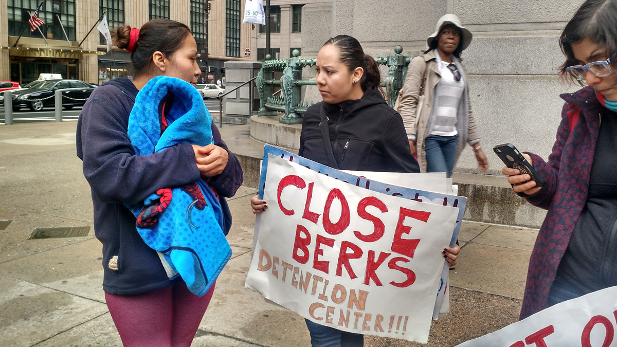 Alma Flores-Lopez (left) and Lluli Pilar were among the immigrant advocates who met with Homeland Security Secretary Jeh Johnson at Philadelphia City Hall on Tuesday morning. (Katie Colaneri/WHYY)