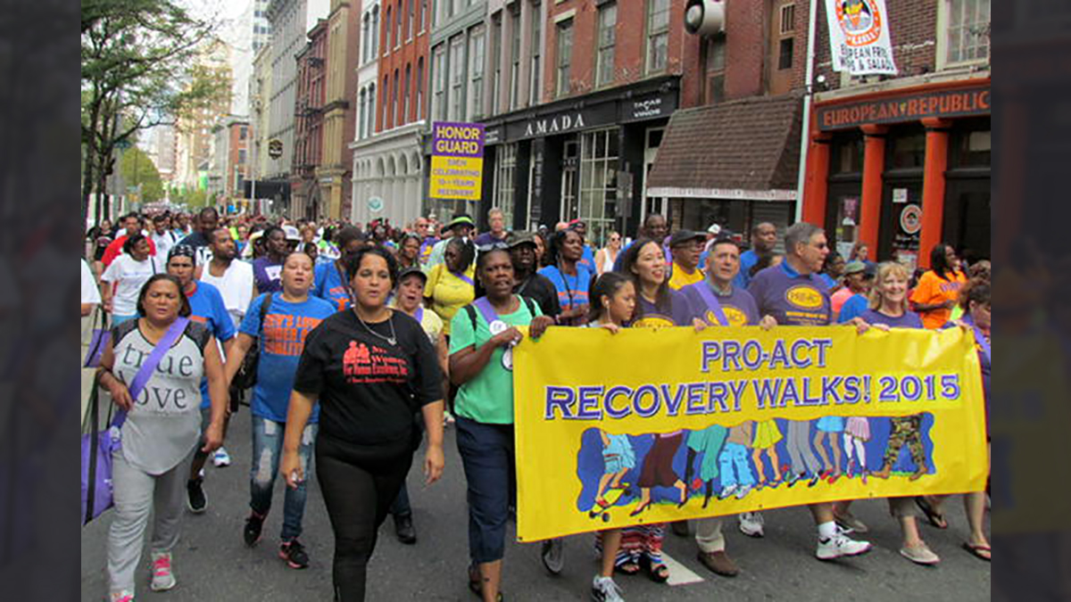 People marching in last year's Recovery Walk through Old City Philadelphia. (photo courtesy of PRO-ACT)