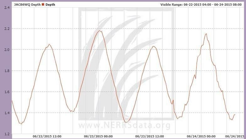 Depth data from the JCNERR's B6 water-monitoring station, showing the interference caused by the suspected meteotsunami. (Image courtesy of Gregg Sakowicz/JCNERR) 