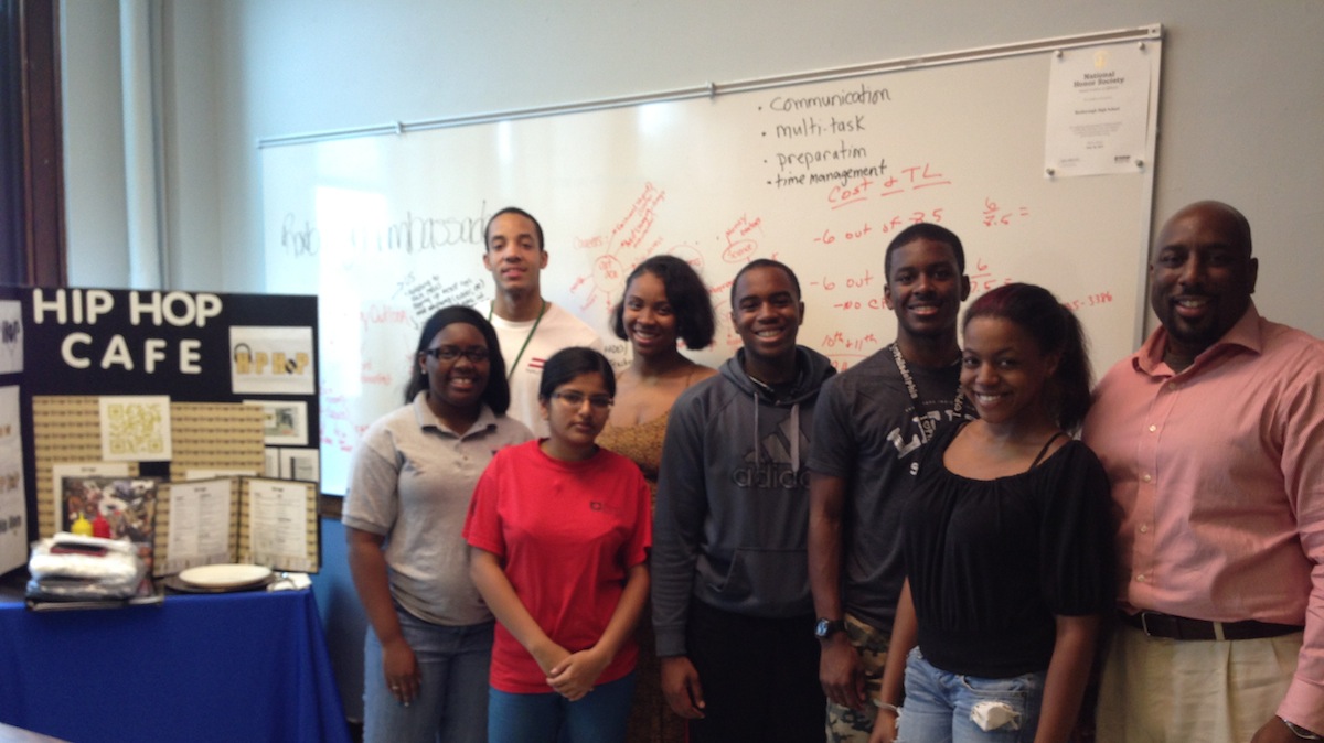  Some of Roxborough High School's student ambassadors. From L to R: Nahje Royester, Hanif Henderson, Monali Patel, Kayla Hadley, Marqui Kelly, Jabbar Small, Breinna Crabbe and Brett Vance. (Michelle Barrett/for NewsWorks) 
