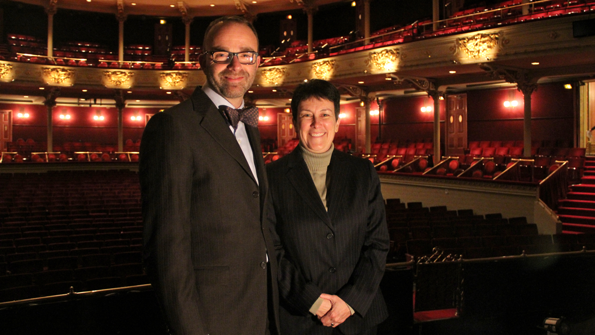  Opera Philadelphia General Director David Devan and Pulitzer Prize- winning composer Jennifer Higdon.  Devan's company commissioned Higdon's opera based on Charles Frazier's bestselling novel, Cold Mountain. (Emma Lee/WHYY) 
