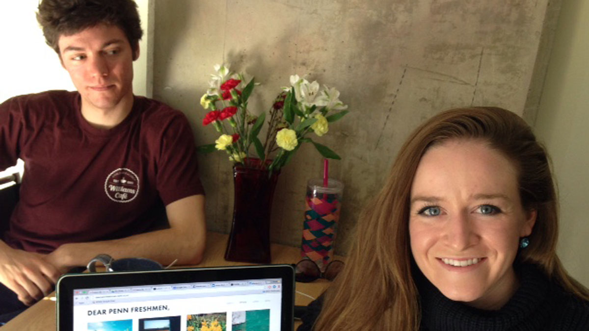 Bobby Lundquist and Lauren McCann talk about Dear Penn Freshmen. (Anne Hoffman/for NewsWorks)