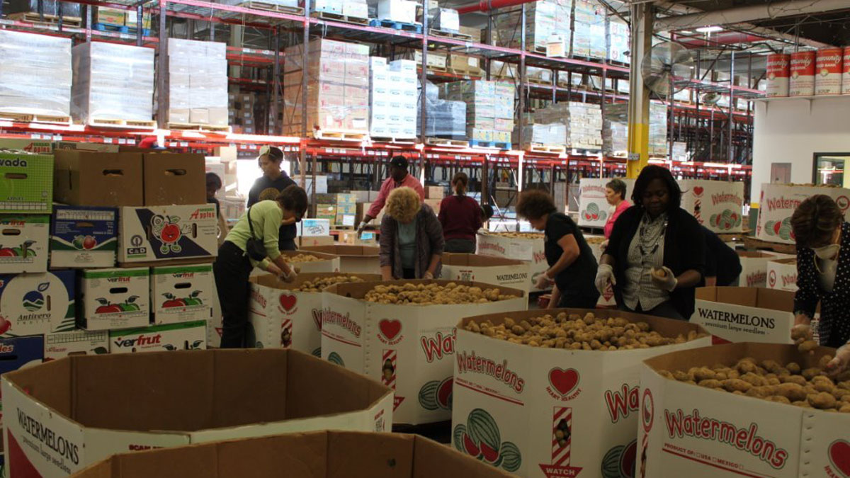 Workers sort food donations. (Community Food Bank of New Jersey) 