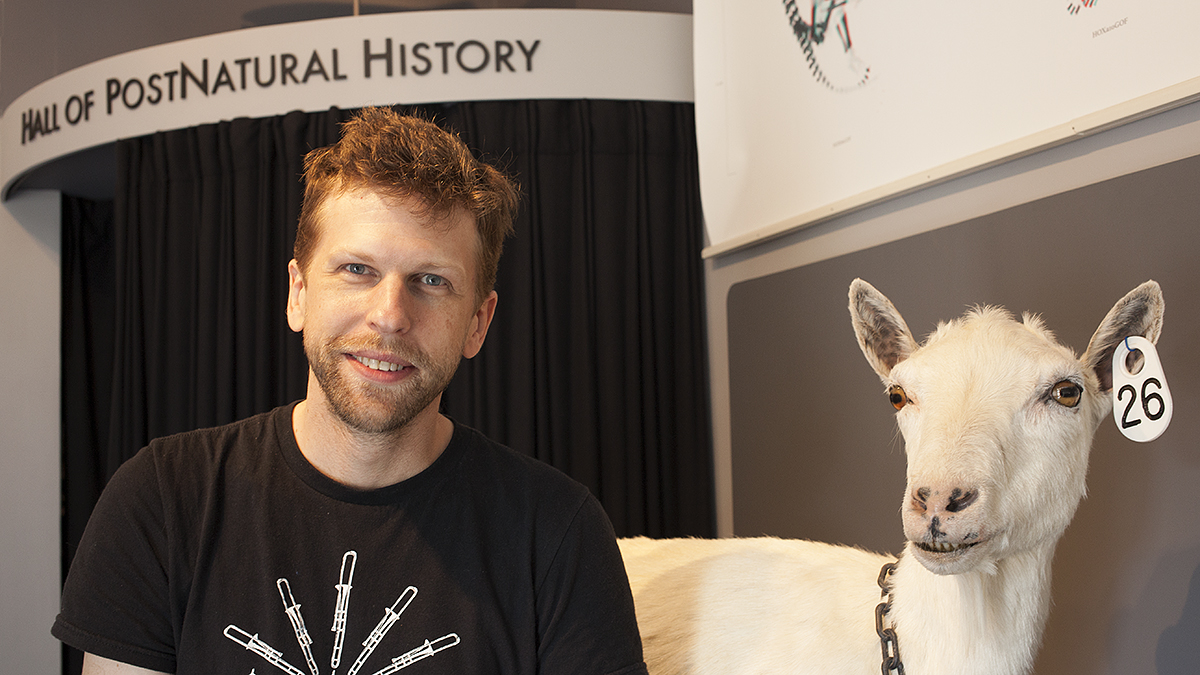 Richard Pell, of the Center for PostNatural History, in Pittsburgh with his genetically modified goat, Freckles. (Irina Zhorov/The Pulse)