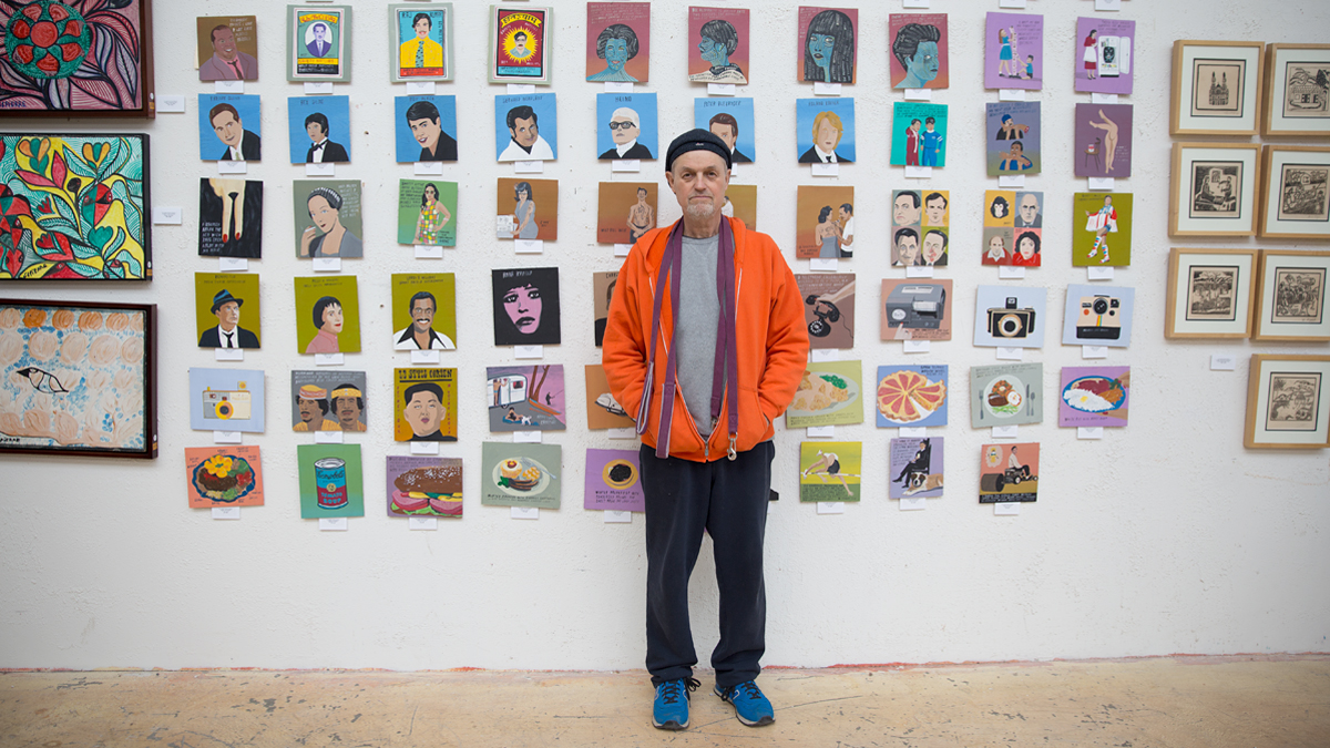  Filmmaker Jonathan Demme will auction nearly 1,500 paintings from his personal collection this weekend at Material Culture including a series (pictured) by Javier Mayoral. (Lindsay Lazarski/WHYY) 