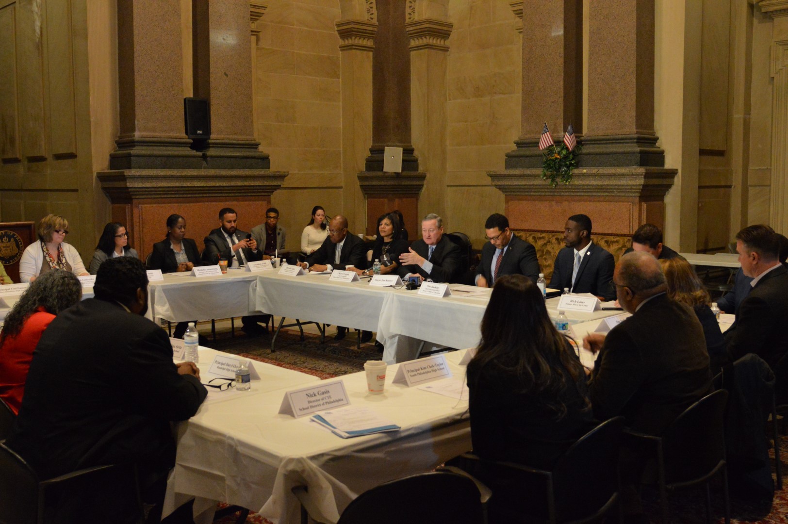 Mayor Kenney is joined by labor leaders and school principals at meeting. (Tom MacDonald/WHYY)