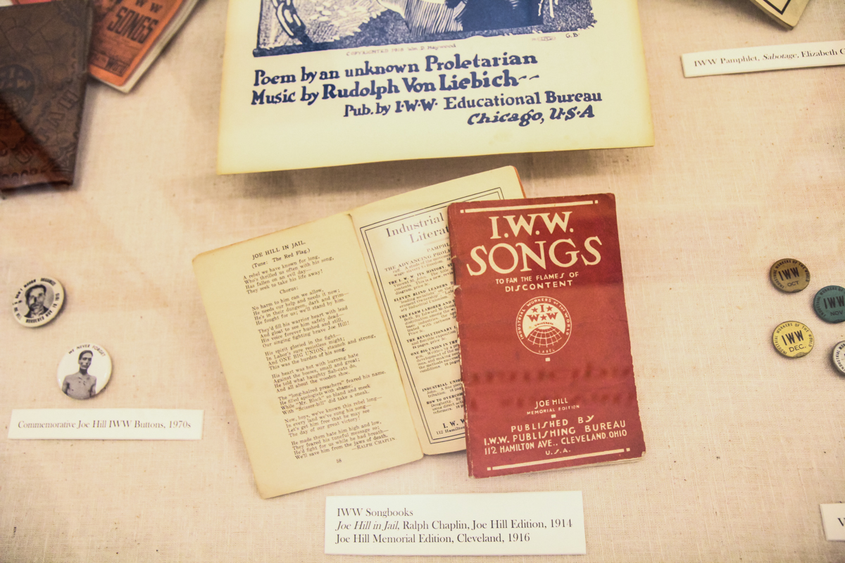Artifacts from the Swedish American History museum exhibit remembering 100 years from the death of migrant worker Joe Hill. (Kimberly Paynter/WHYY)