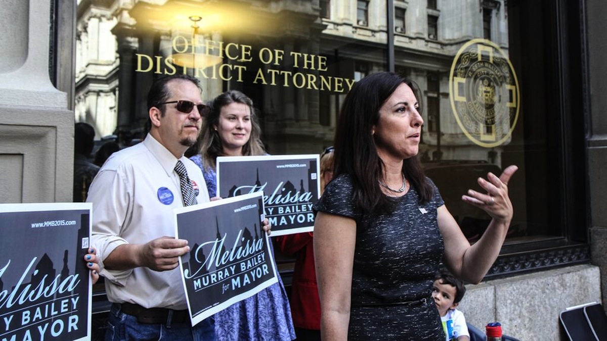  On Wednesday, Republican mayoral candidate Melissa Murray Bailey called on City Council 'to defund the salary' of three people involved in the DA's office email scandal. (Kimberly Paynter/WHYY)  