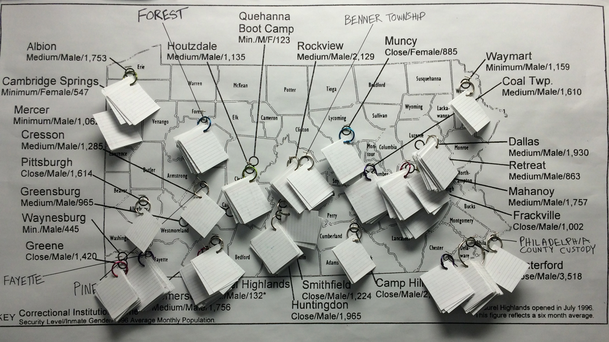 A map at the Defenders Association of Philadelphia illustrating the location and number of inmates sentenced to life in prison for crimes committed while they were juveniles. (Defender Association of Philadelphia)