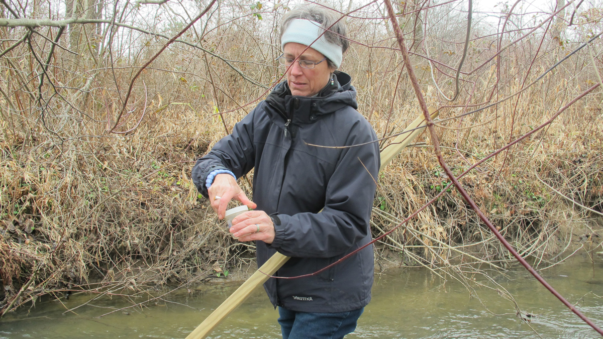 Joanne Martin collects a sample of water from Brady Run