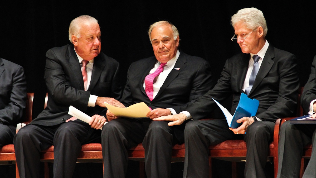  Patrick O'Connor (left) and former President Bill Clinton comfort former Pennsylvania Governor Ed Rendell at a memorial service for Lewis Katz Wednesday. (Kimberly Paynter/WHYY) 