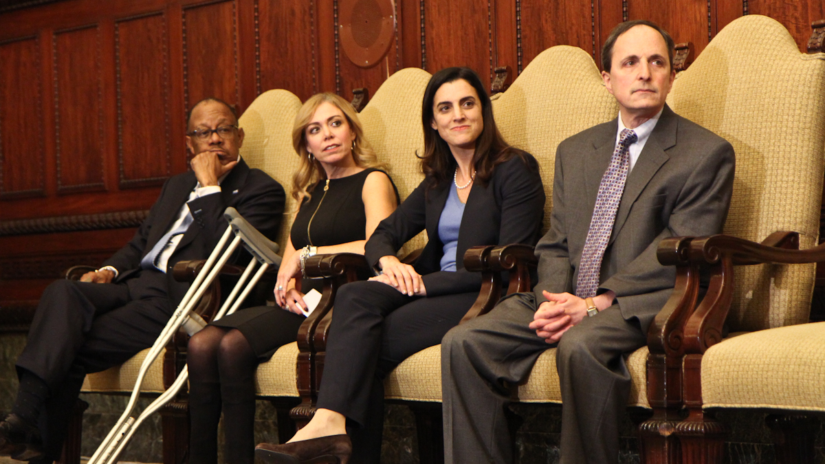  (From left) Harold Epps, Sheila Hess, Rebecca Rhynhart and Rob Dubow are announced to be part of Mayor-elect Jim Kenney’s administration. (Kimberly Paynter/WHYY) 