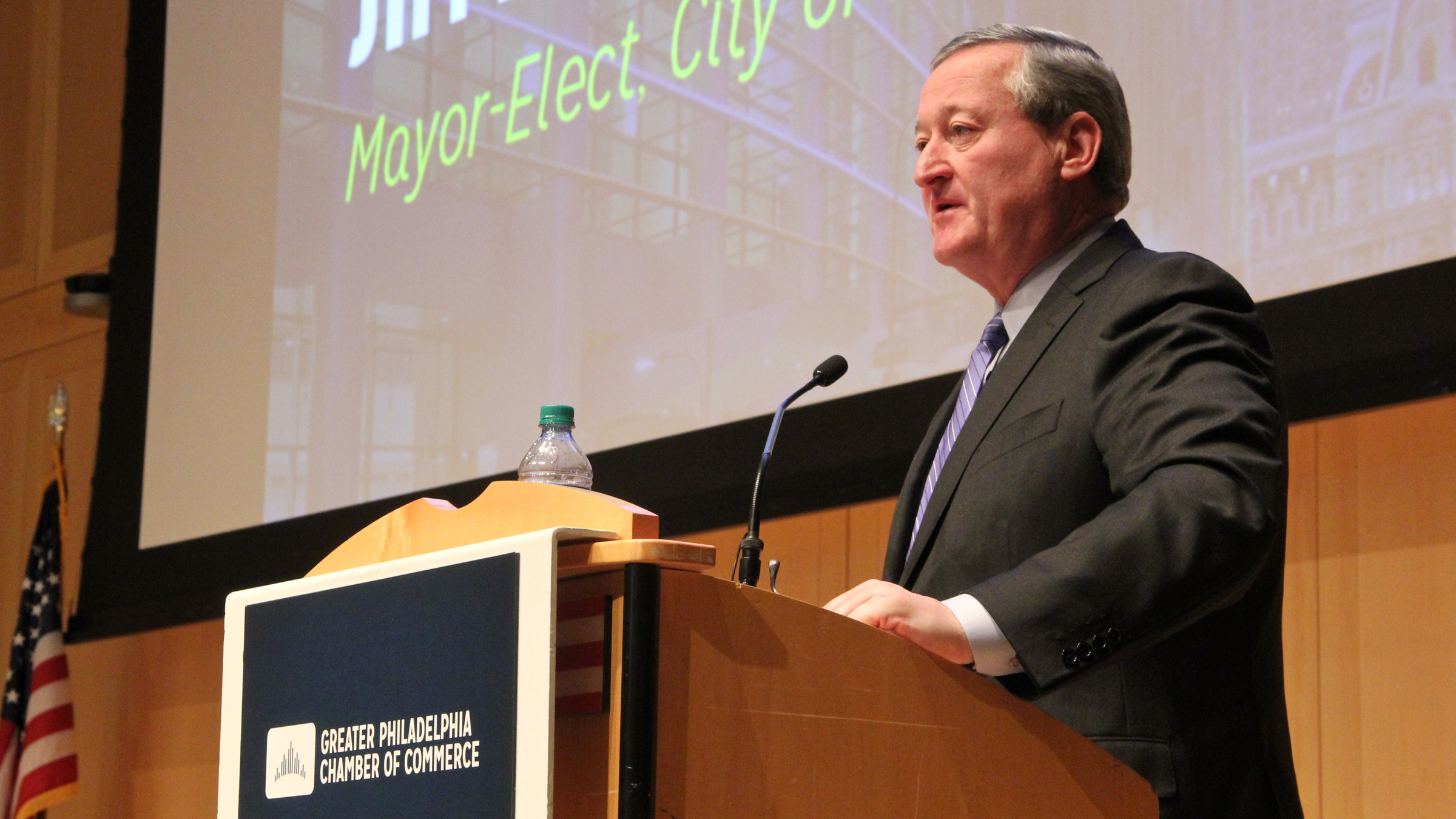  Mayor-elect Jim Kenney speaks to the Greater Philadelphia Chamber of Commerce during a meeting at the National Constitution Center to discuss the chamber's Roadmap for Growth initiative. (Emma Lee/WHYY) 